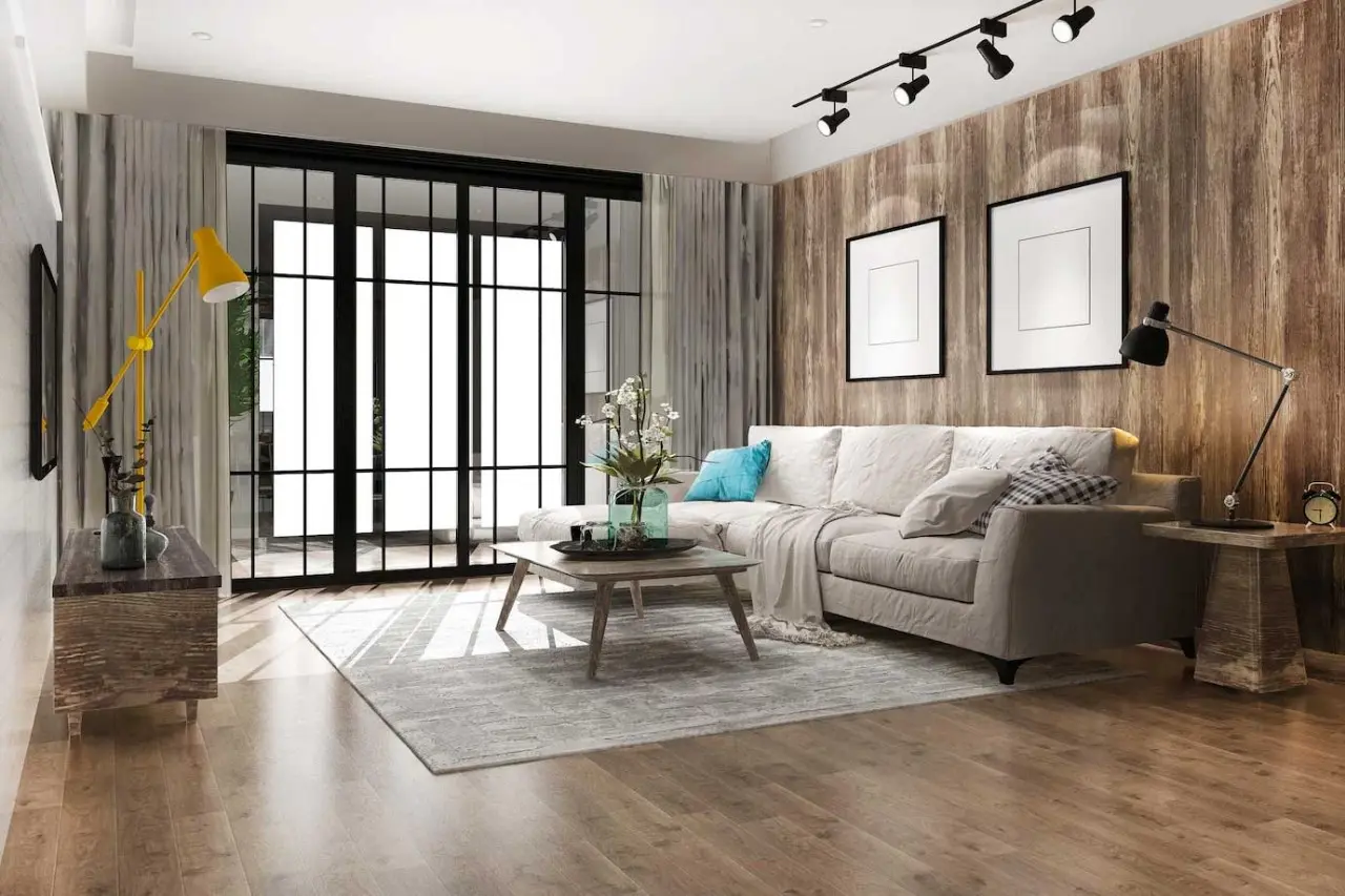  A cozy living room space within L&T Island Cove, featuring a modern grey sofa with comfortable cushions, minimalistic decor, and a small green plant adding a touch of nature.